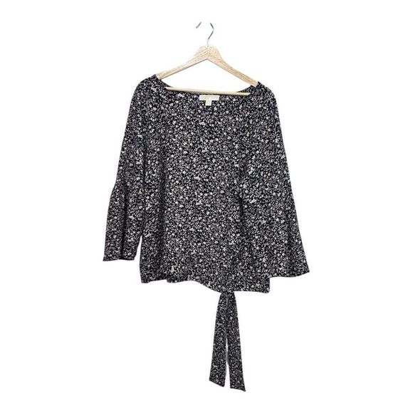 MICHAEL MICHAEL KORS | Black Khaki Floral Bell Sleeve Side Waist Tie Blouse XL - Picture 1 of 6